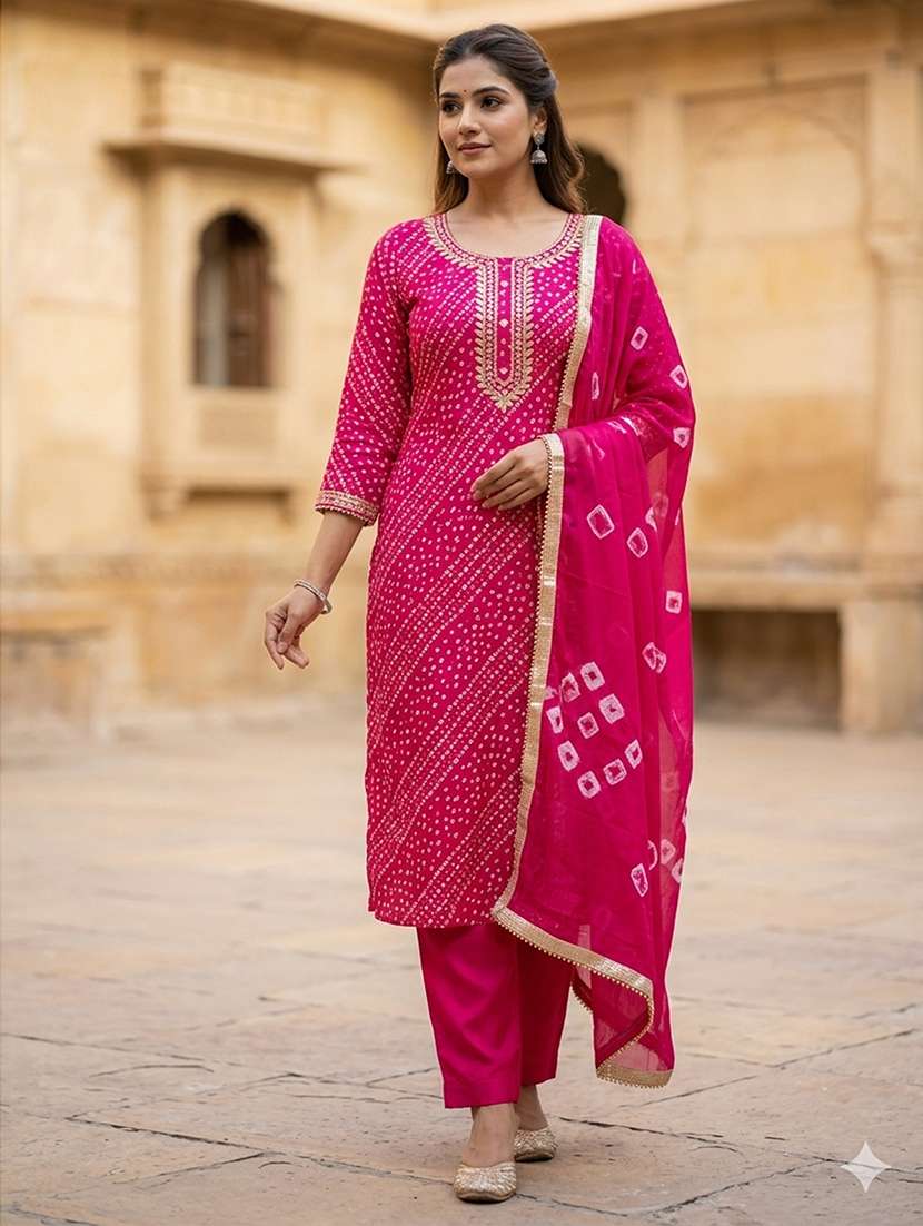 women bandhani printed unstitched suit set