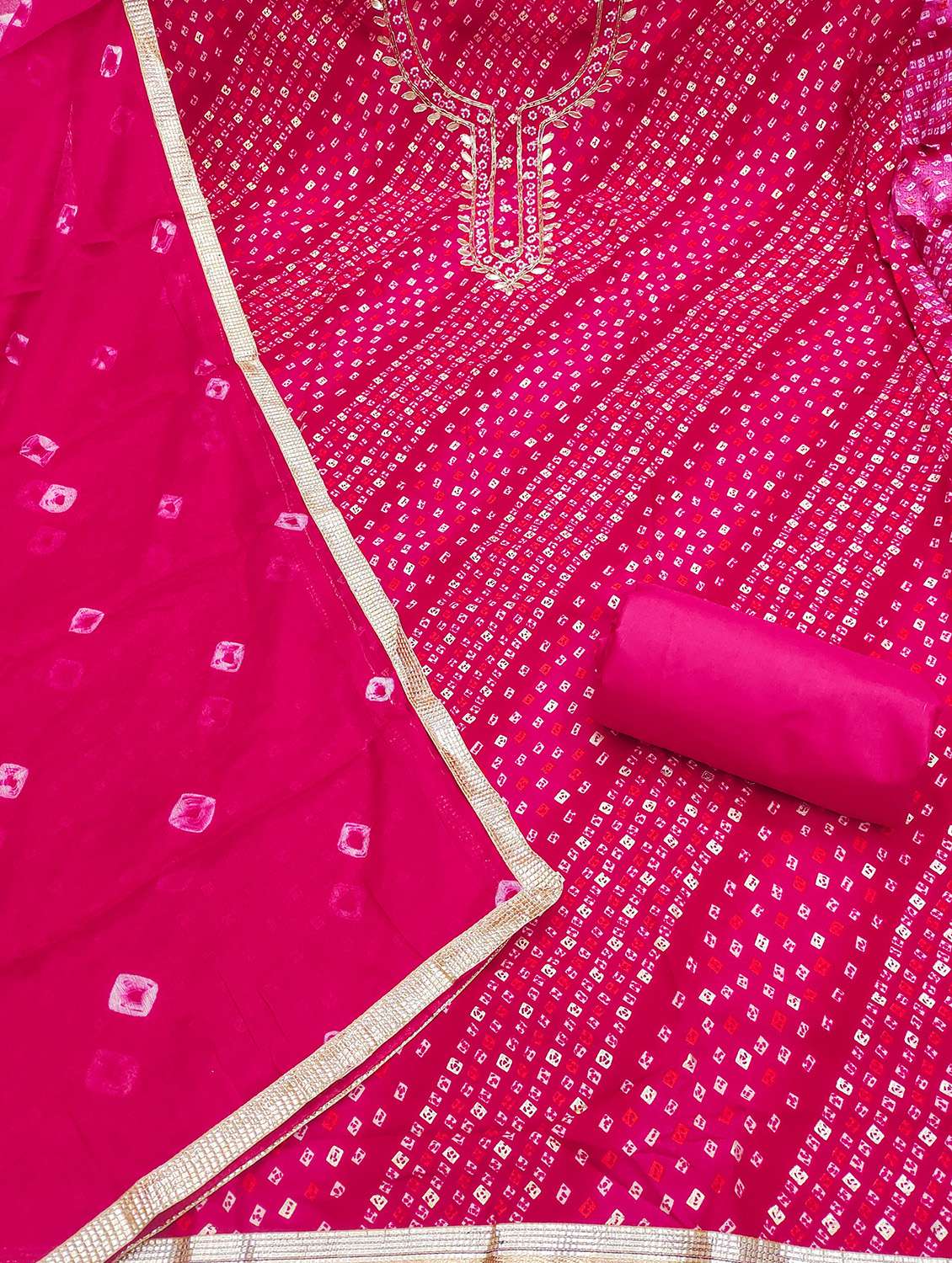 Women Bandhani Printed Unstitched Suit Set - 22597193 -  Standard Image - 3