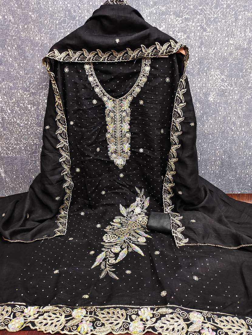 Women Solid With Work Unstitched Suit Set - 22597204 -  Standard Image - 3