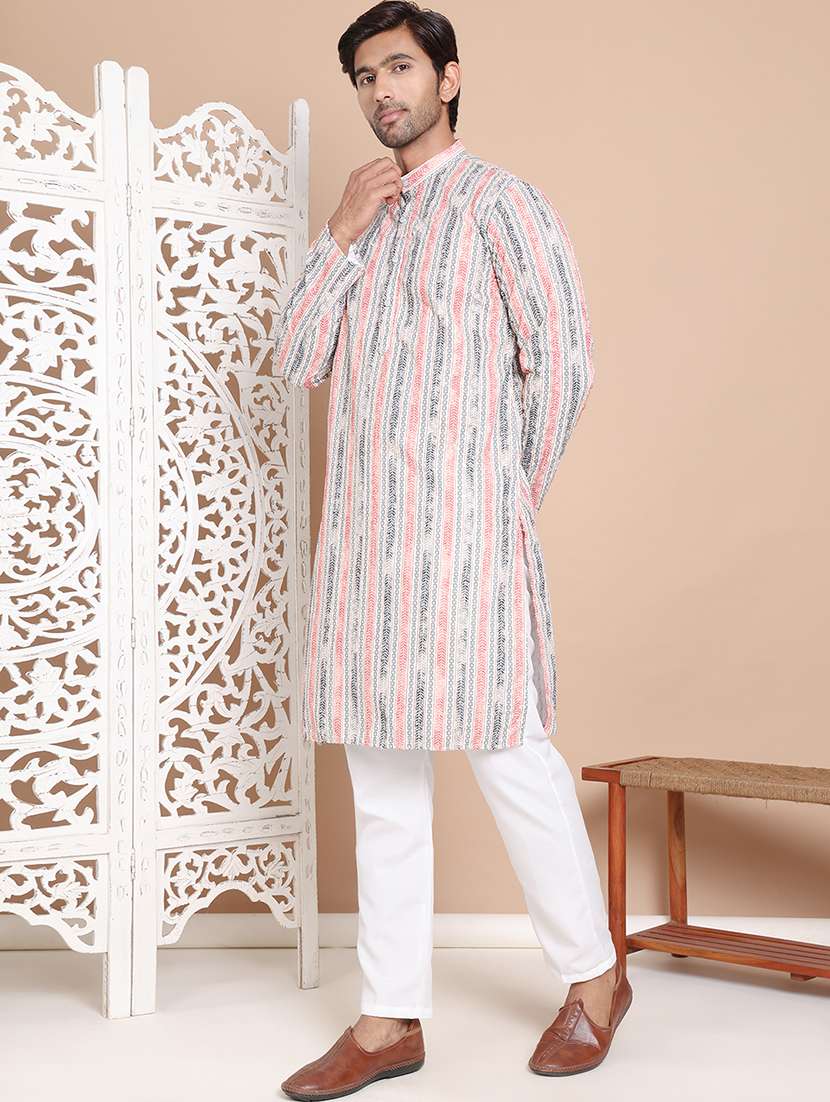 men printed mandarin neck kurta pyjama set - 22597455 -  Standard Image - 3