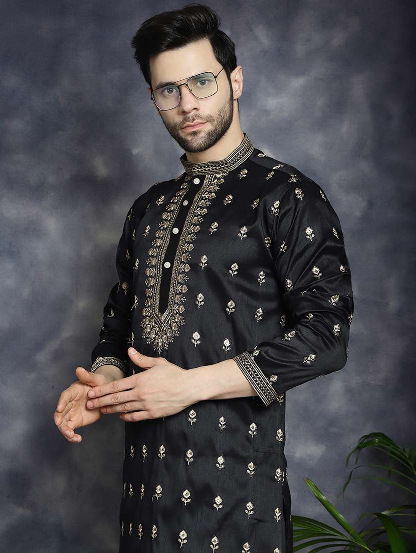 men solid with work mandarin neck long kurta