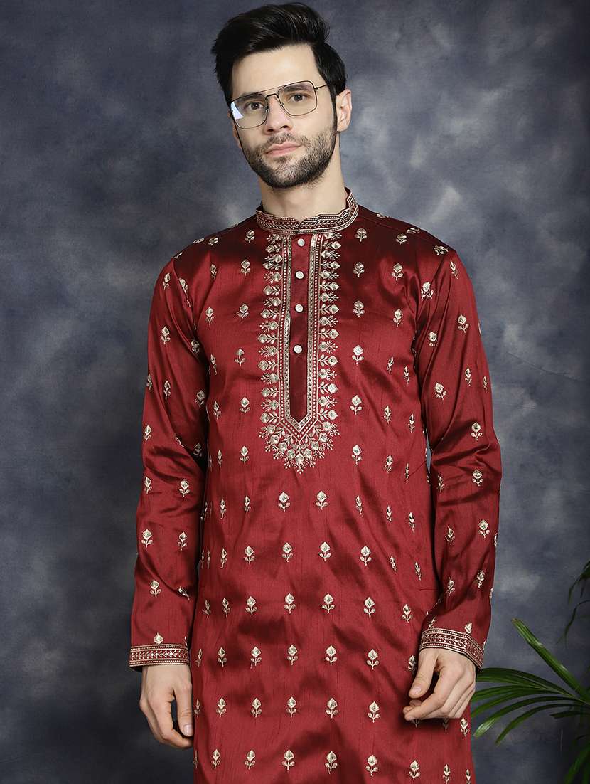 men solid with work mandarin neck long kurta