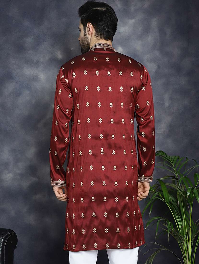 men solid with work mandarin neck long kurta - 22597526 -  Standard Image - 3