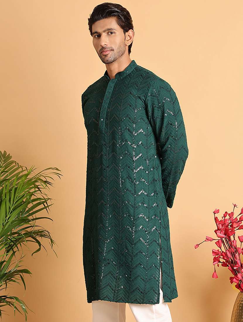 men embroidered mandarin neck long kurta - 22597546 -  Standard Image - 3