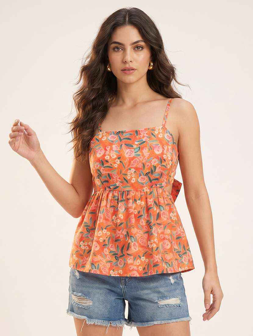 women printed shoulder strap peplum top