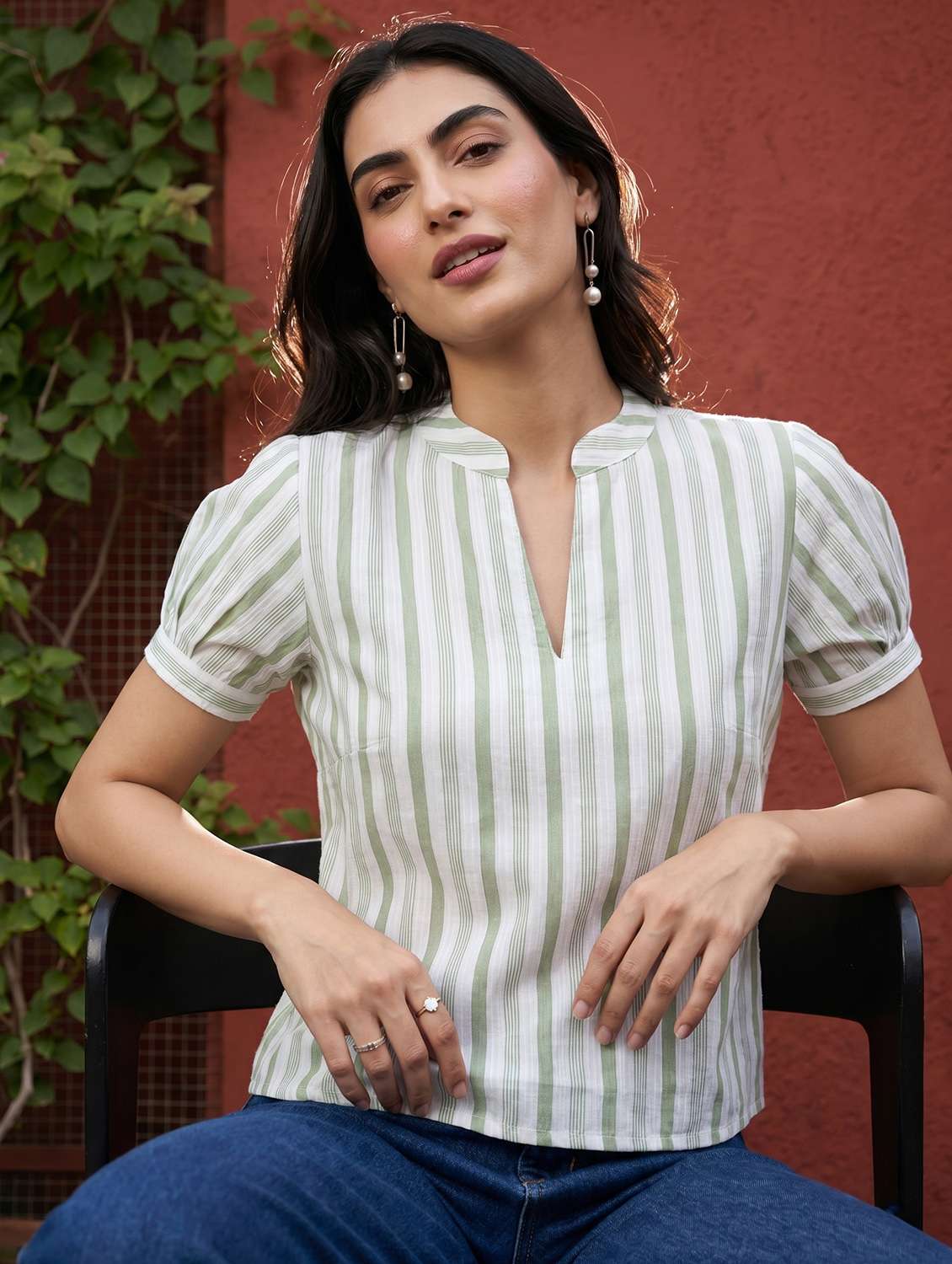 women striped puff sleeves regular top