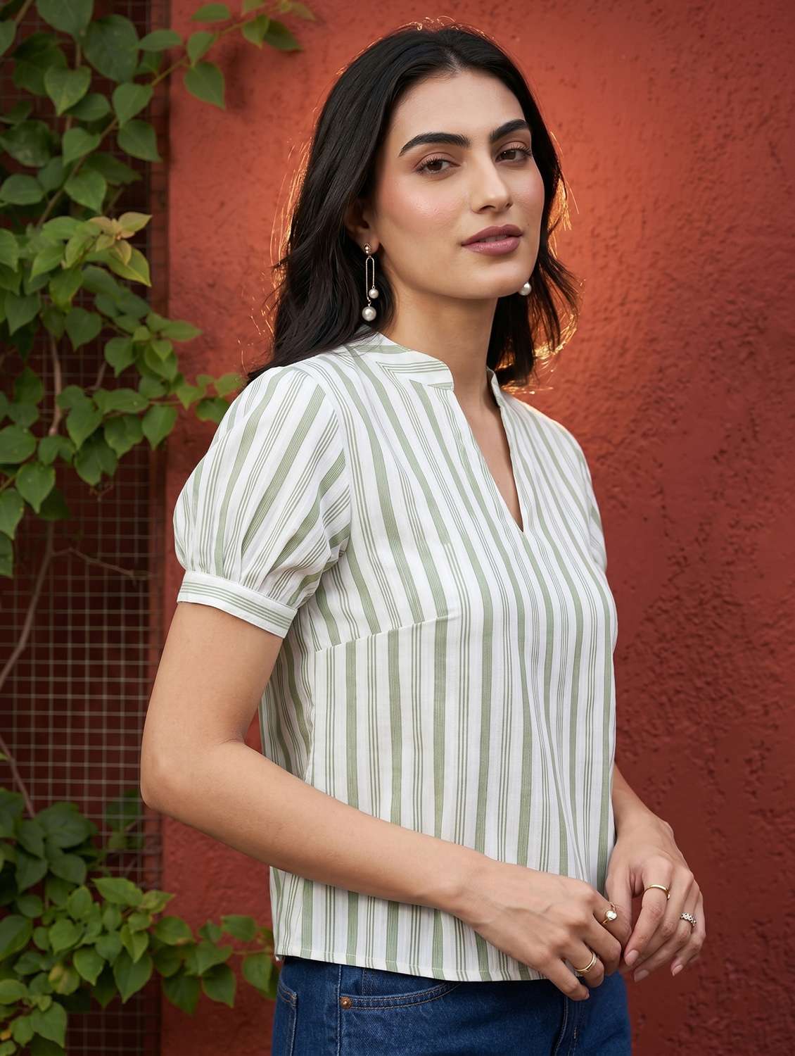Women Striped Puff Sleeves Regular Top - 22597775 -  Standard Image - 3