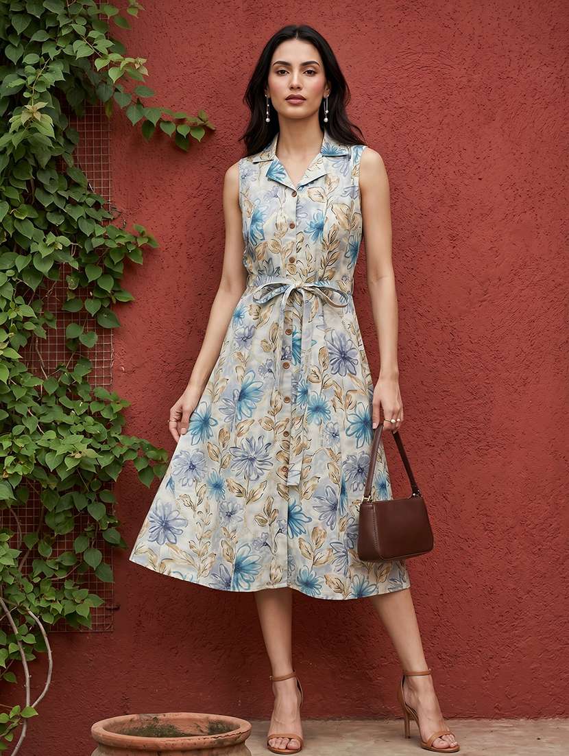 women printed sleeveless a-line dress