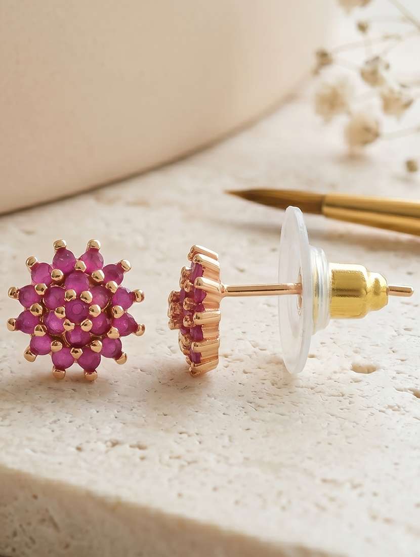 women gold brass ruby flower stud earrings 