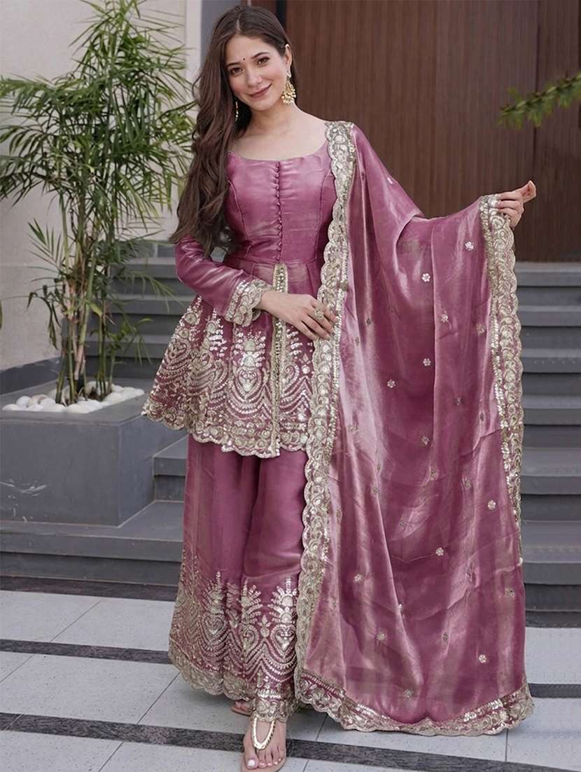 women embroidered long sleeves kurta palazzo set