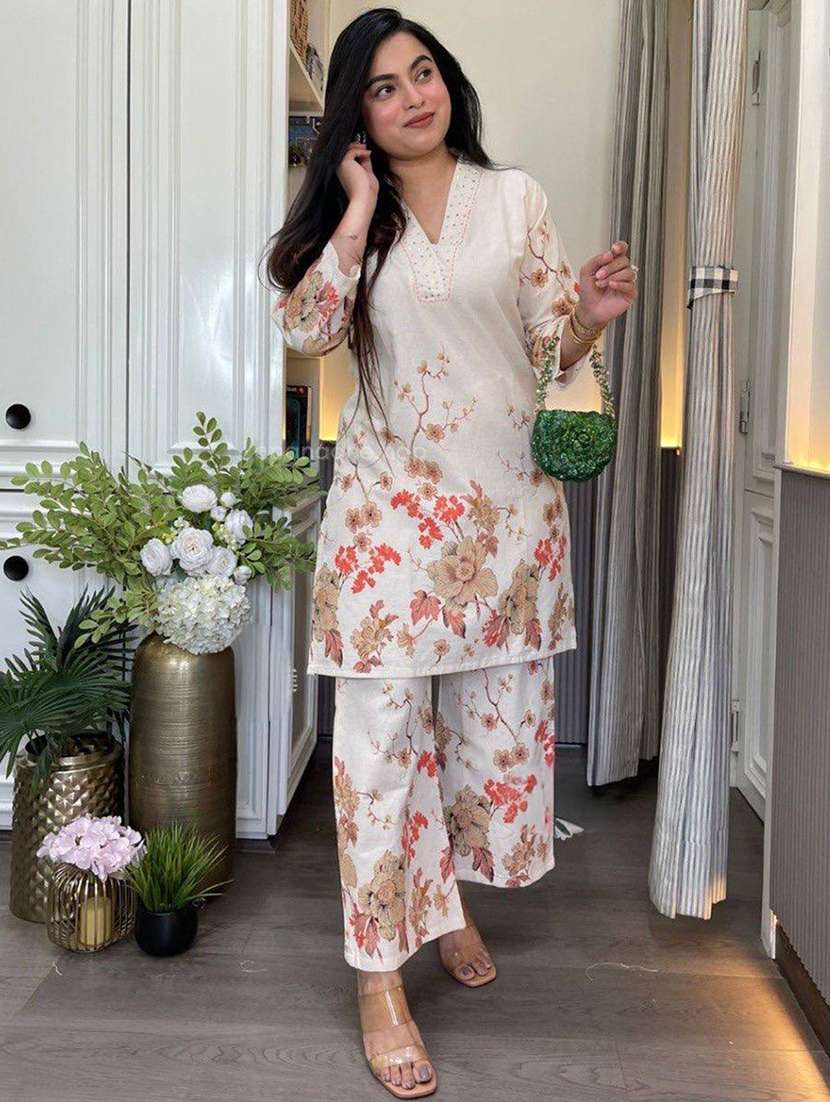 women printed three quarter sleeves ethnic co-ord set