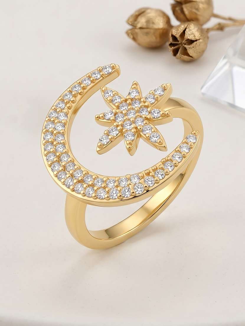 gold imitation diamond crescent moon star finger ring for men and women 