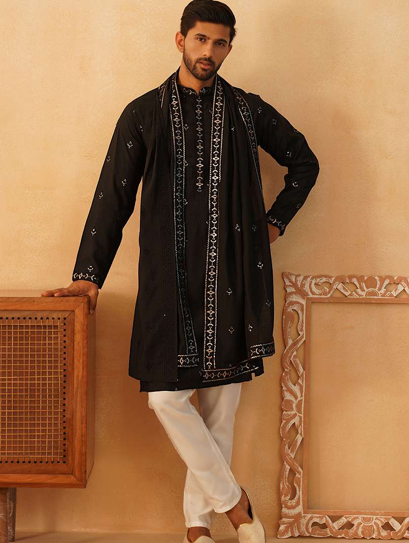 men embroidered long sleeves kurta bottom set with dupatta
