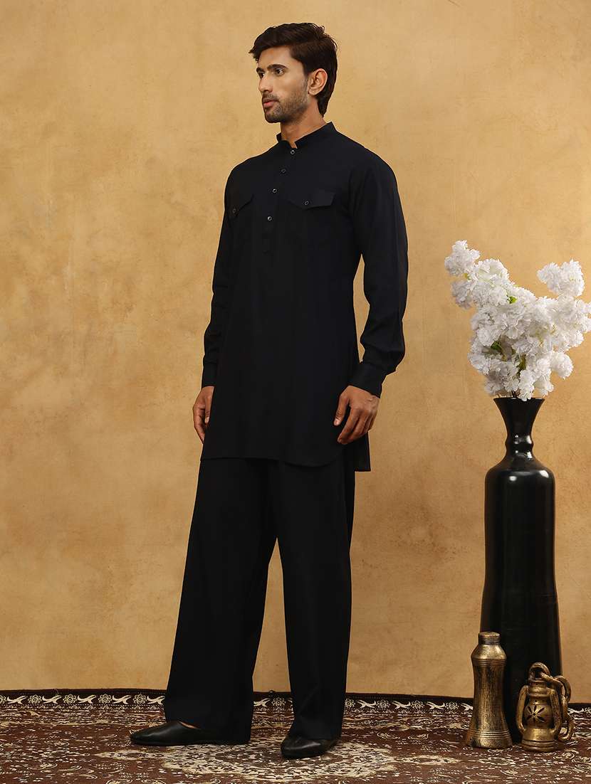 men solid long sleeves pathani kurta set - 22598028 -  Standard Image - 3