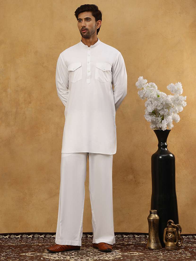 men solid long sleeves pathani kurta set