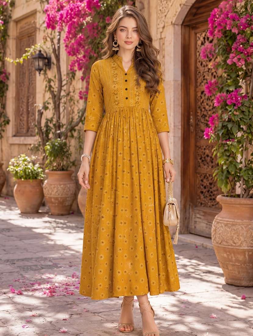 women printed three quarter sleeves anarkali dress