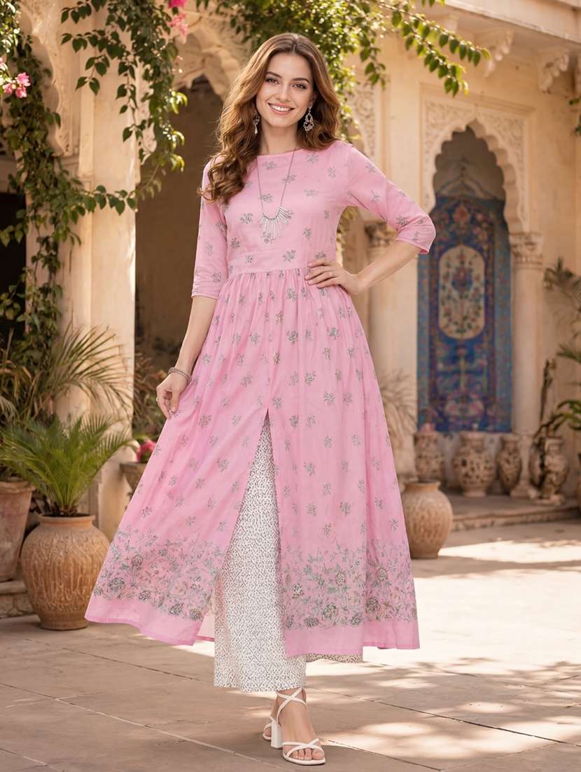 women printed three quarter sleeves kurta pant set