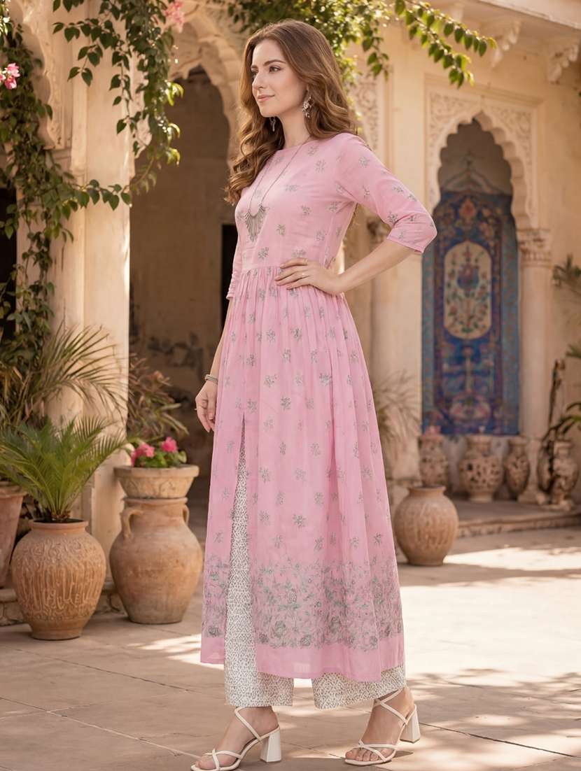 women printed three quarter sleeves kurta pant set - 22598072 -  Standard Image - 3