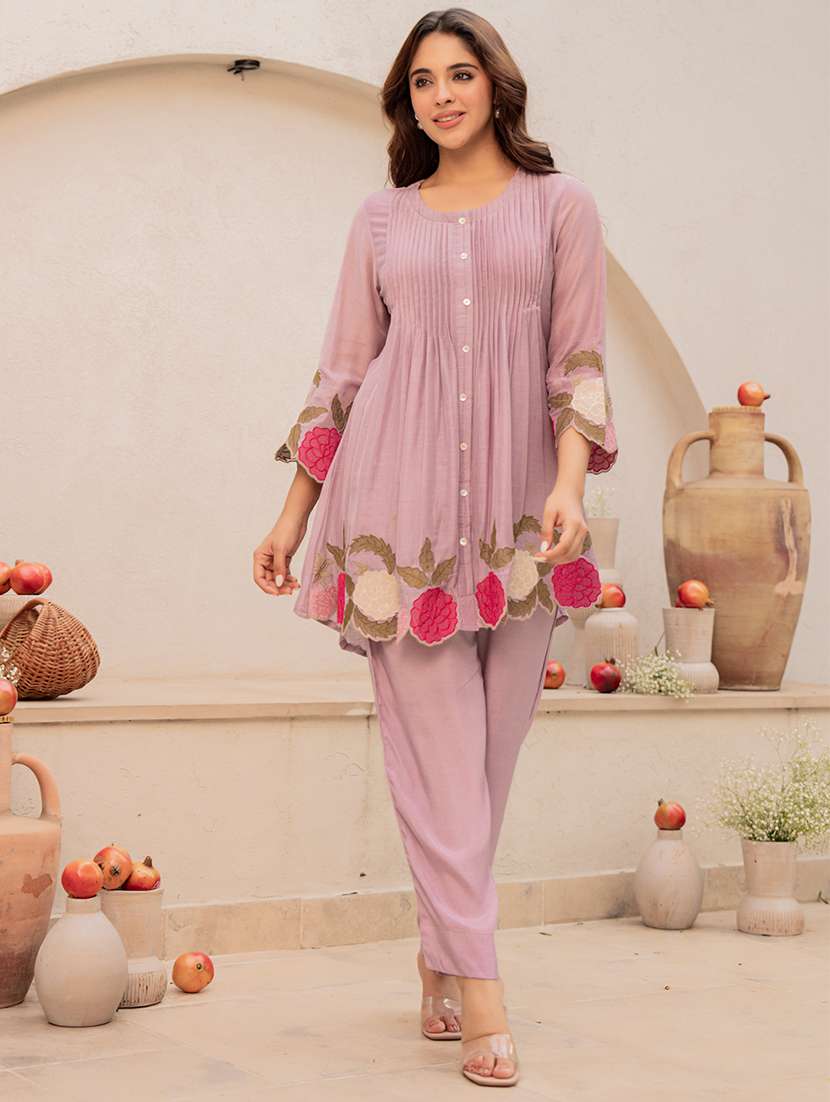 women embroidered three quarter sleeves ethnic co-ord set