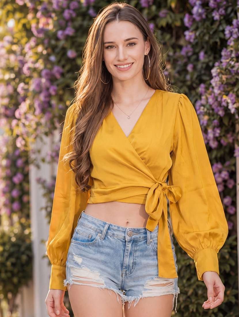 women solid bishop sleeves crop top