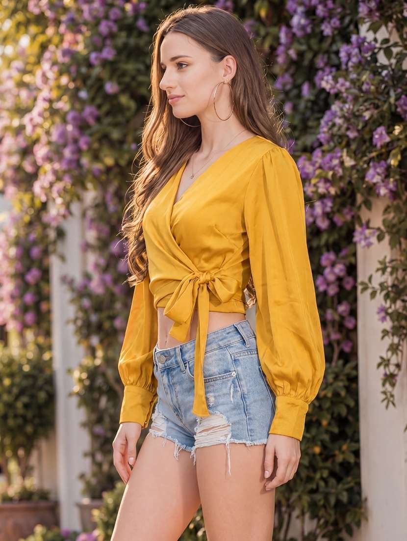 women solid bishop sleeves crop top - 22598104 -  Standard Image - 3