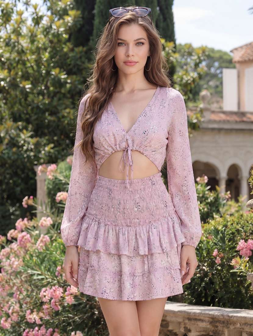 women printed long sleeves tiered dress
