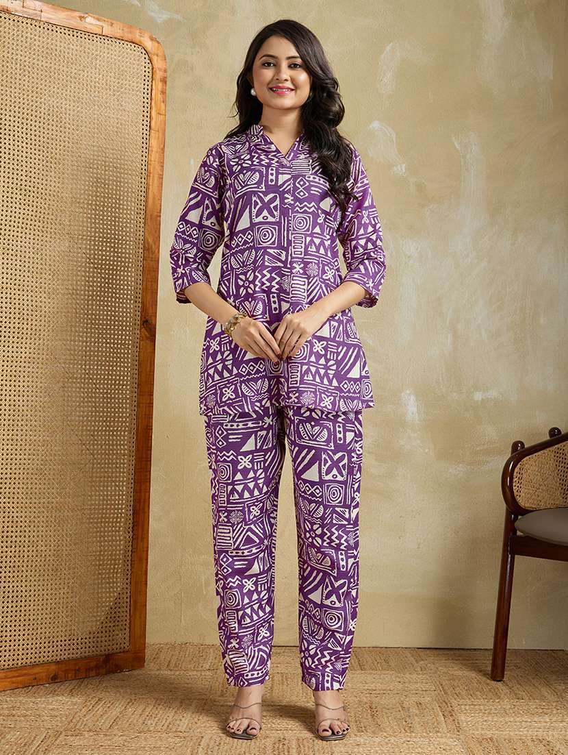 women printed three quarter sleeves ethnic co-ord set