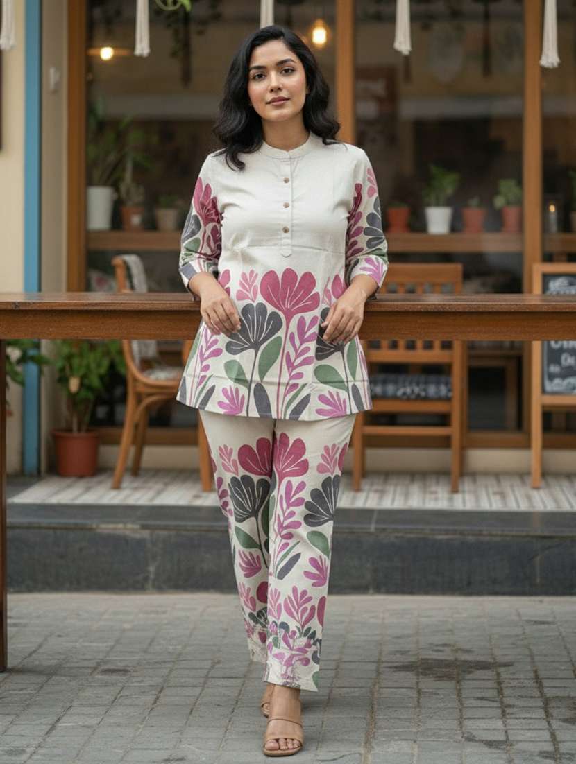 women embroidered three quarter sleeves ethnic co-ord set