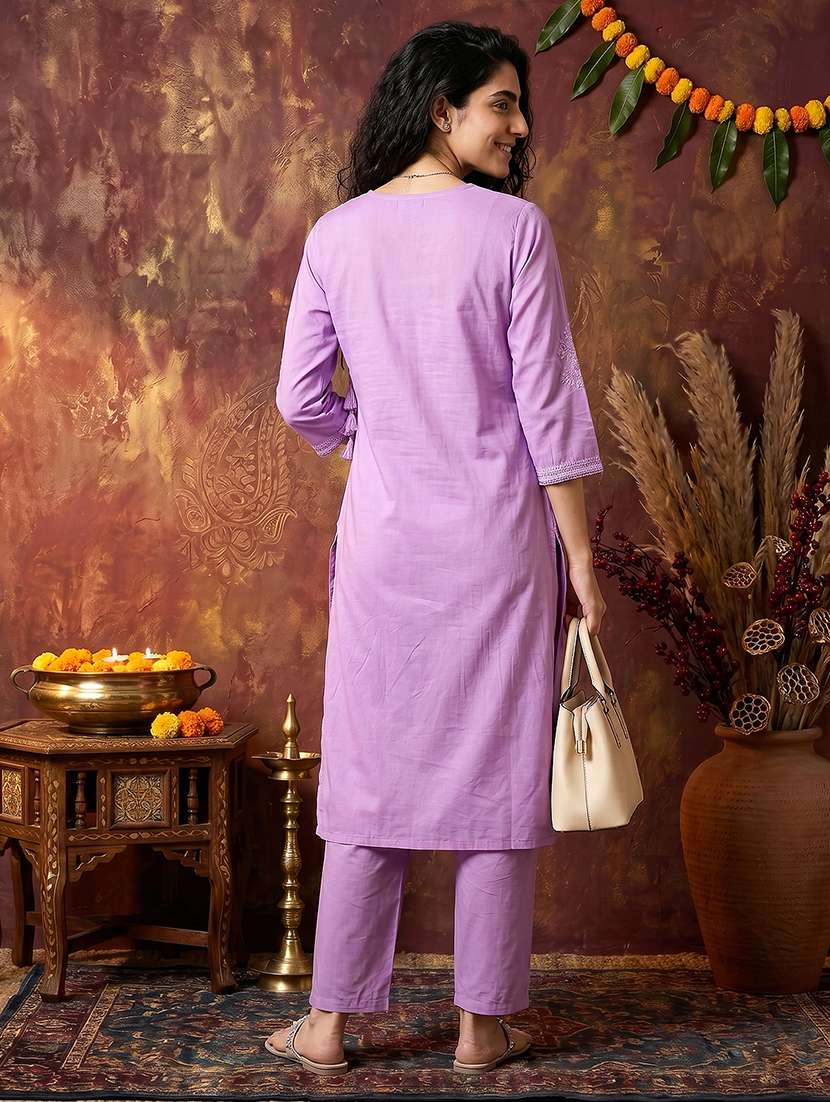 women embroidered three quarter sleeves kurta pant set  - 22598188 -  Standard Image - 3