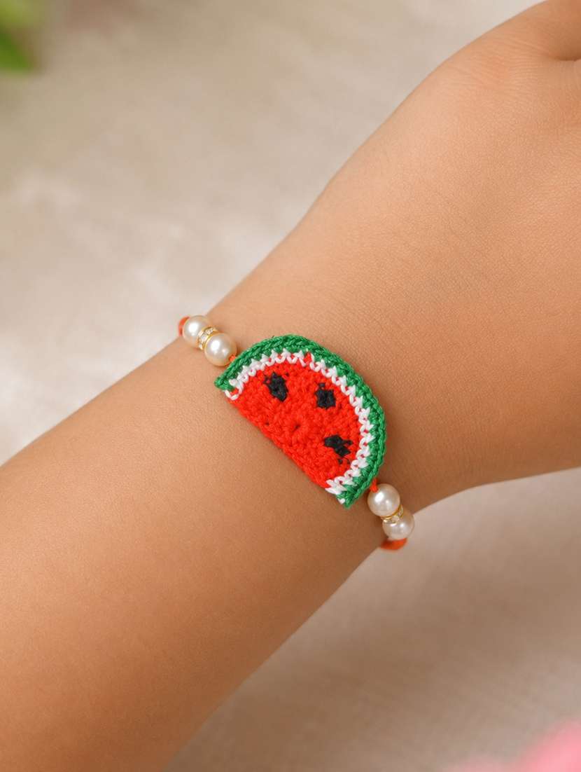 the magic wand trendy handcrafted crochet watermelon shaped rakhi 