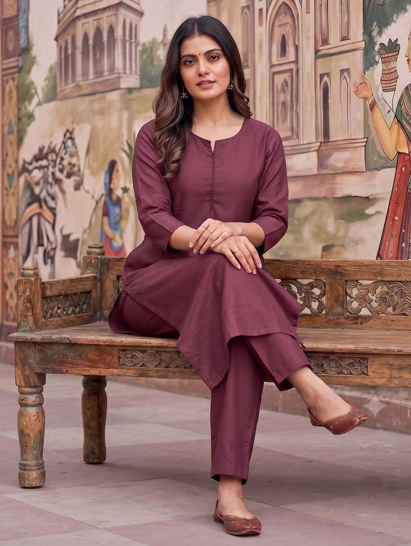 women solid three quarter sleeves kurta pant set - 22598358 -  Standard Image - 5