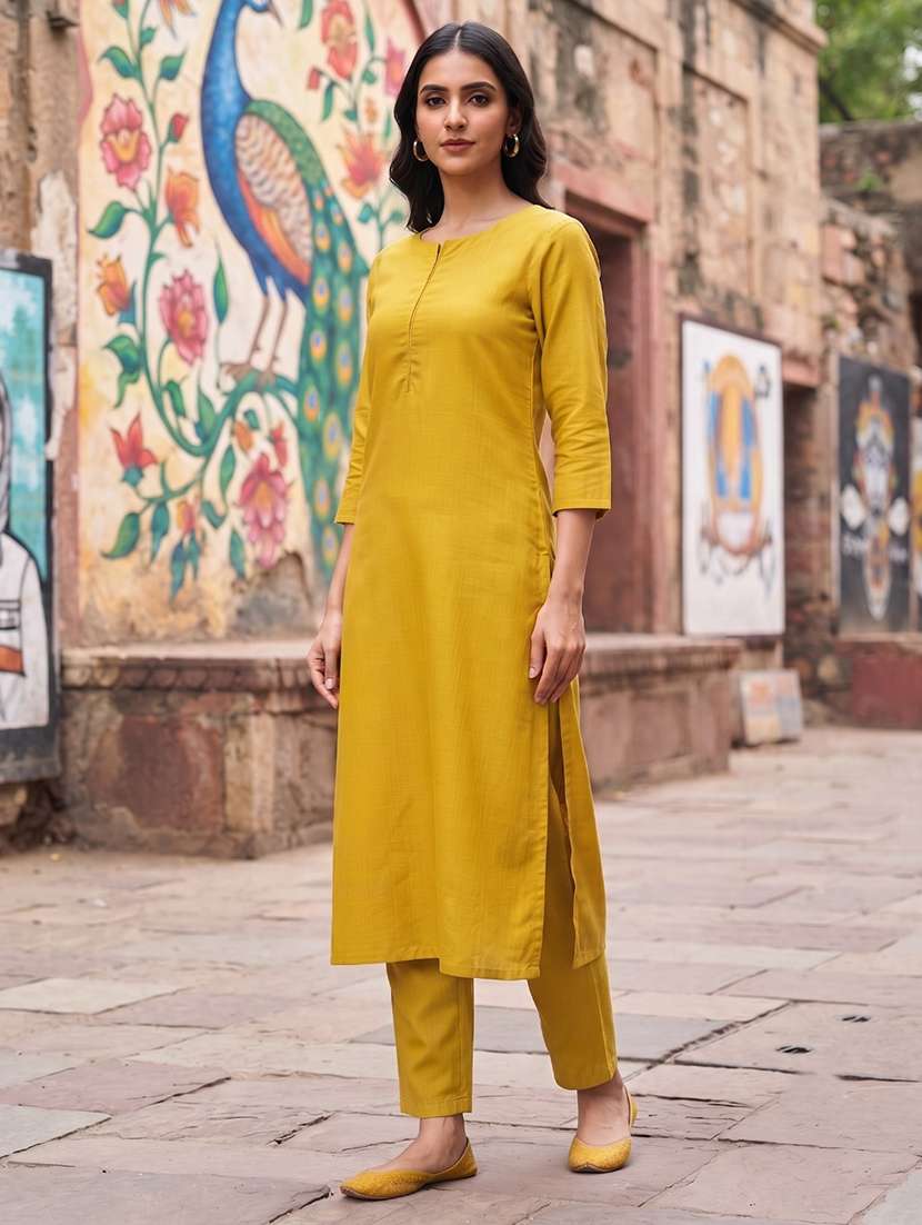 women solid three quarter sleeves kurta pant set