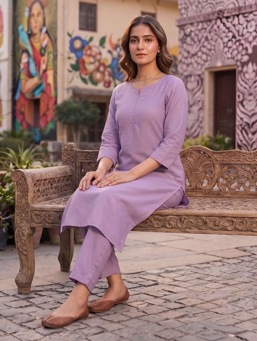Women Solid Three Quarter Sleeves Kurta Pant Set - 22598360 -  Standard Image - 5