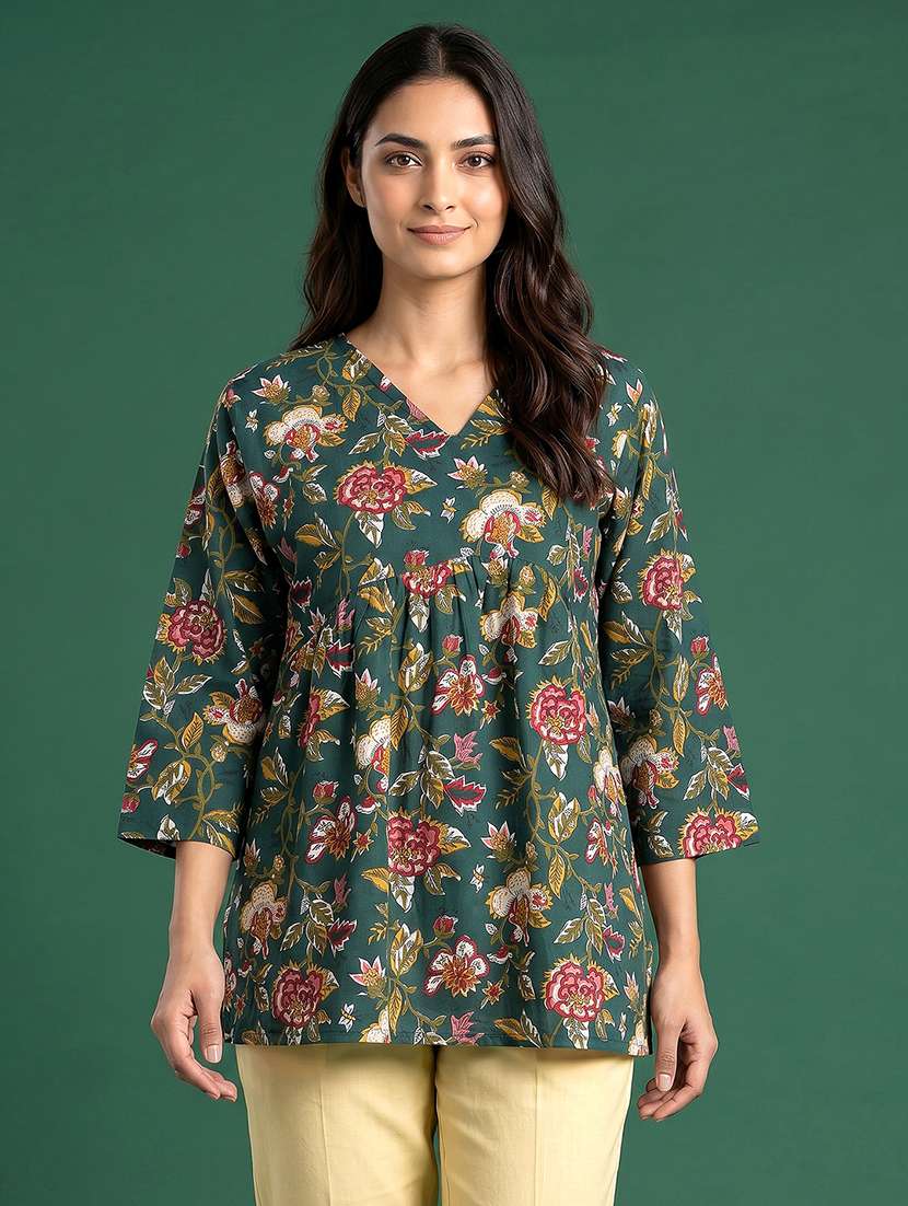 women printed three quarter sleeves flared kurti