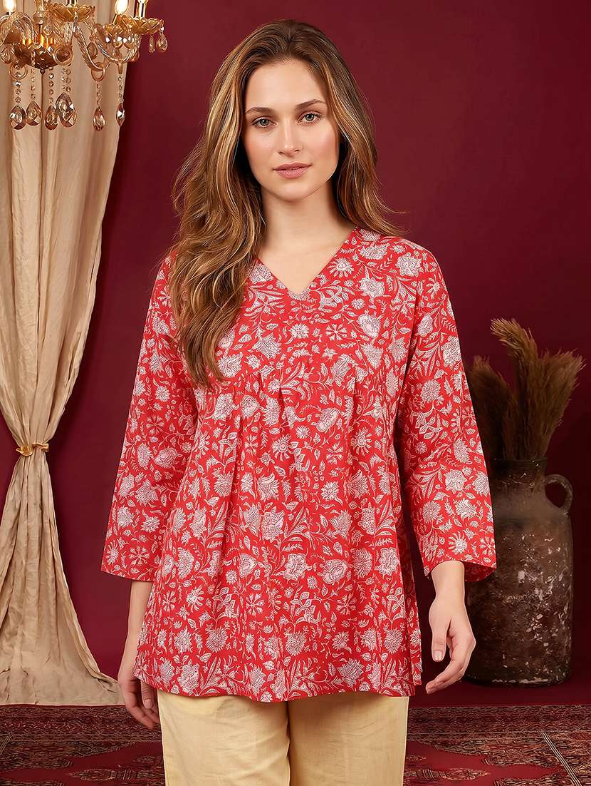women printed three quarter sleeves a-line kurti