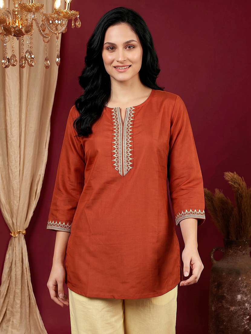 women embroidered three quarter sleeves straight kurti
