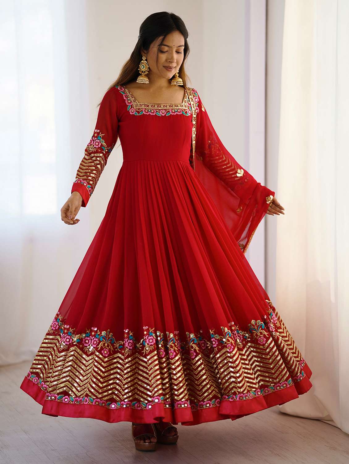 women embroidered long sleeves kurta dupatta set