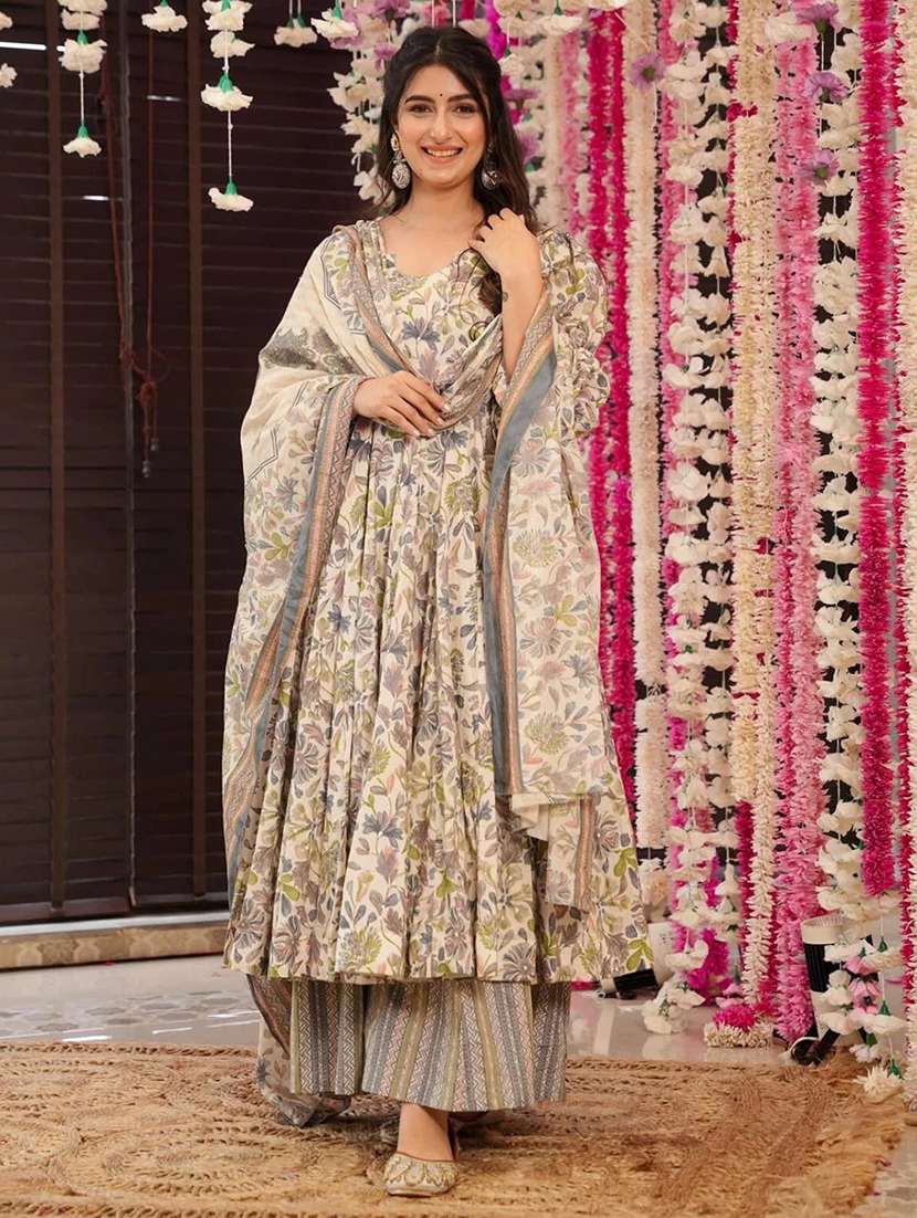 women printed long sleeves kurta palazzo with dupatta set
