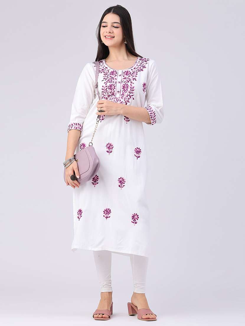 women embroidered three quarter sleeve straight kurta