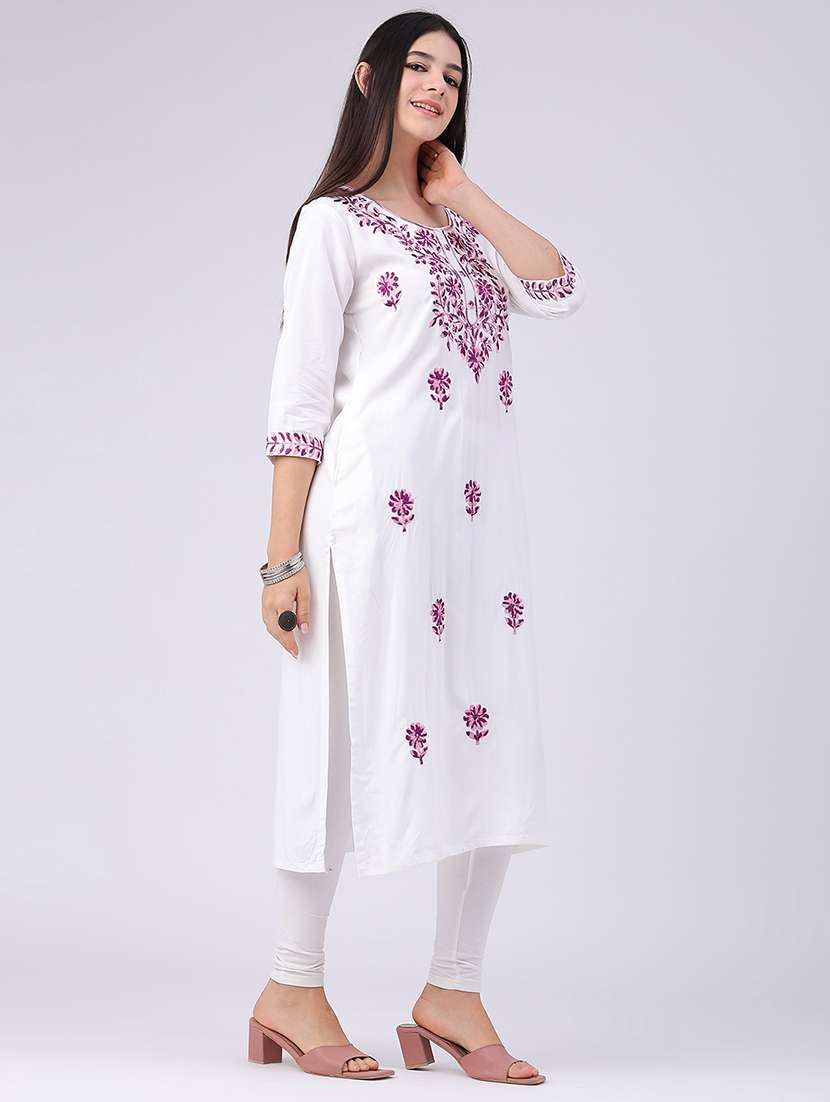 Women Embroidered Three Quarter Sleeve Straight Kurta - 22598730 -  Standard Image - 3
