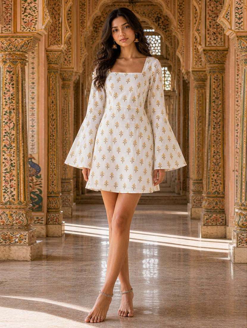 women printed bell sleeves a-line dress