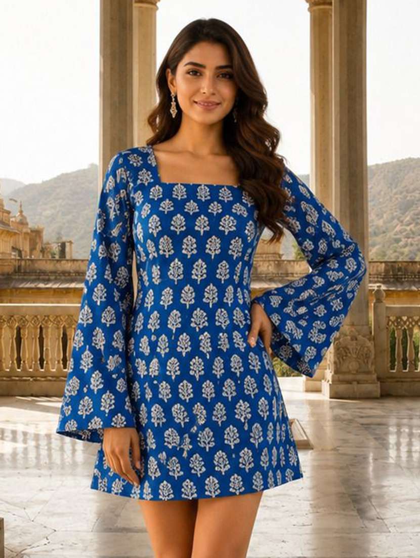 women printed bell sleeves a-line dress