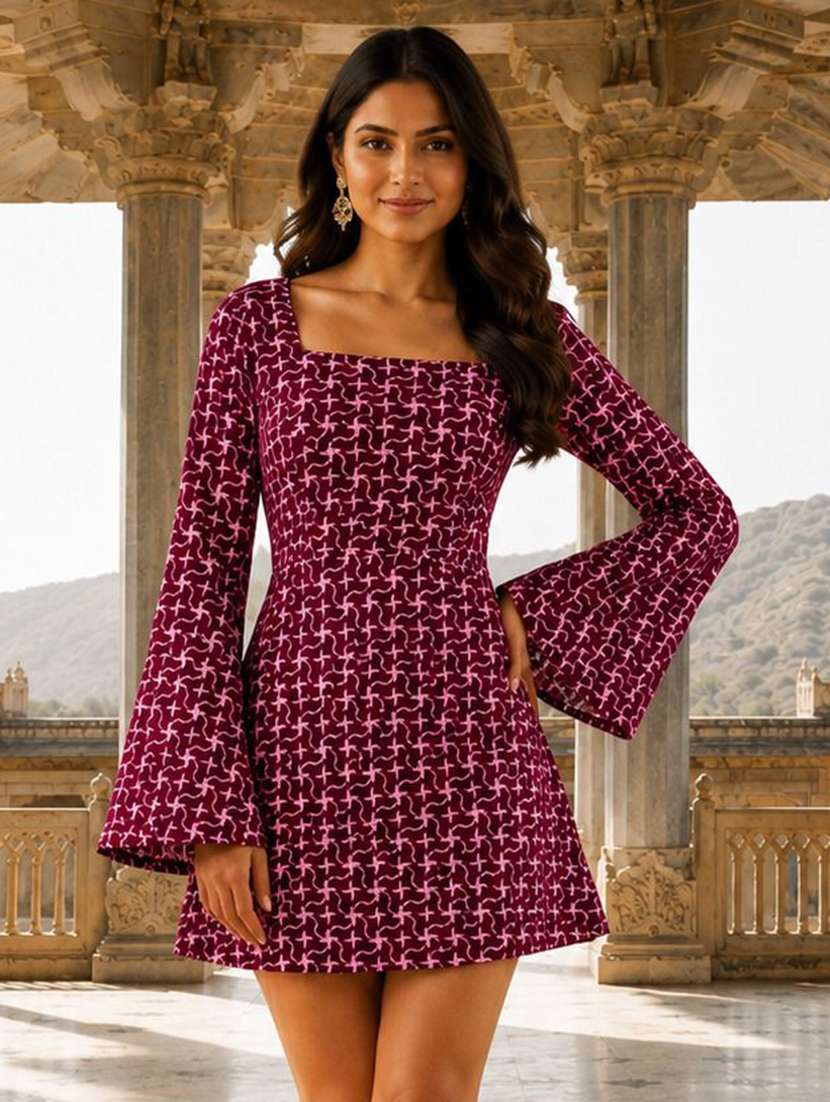 women printed bell sleeves a-line dress