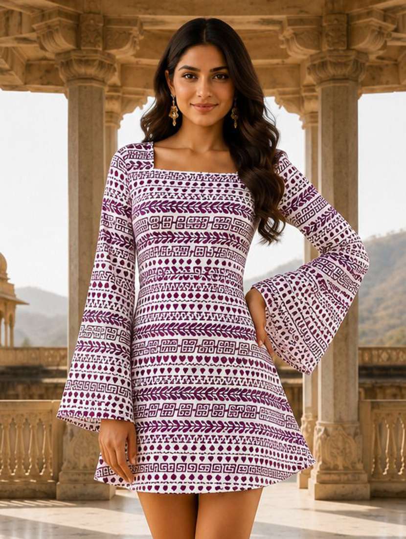 women printed bell sleeves a-line dress
