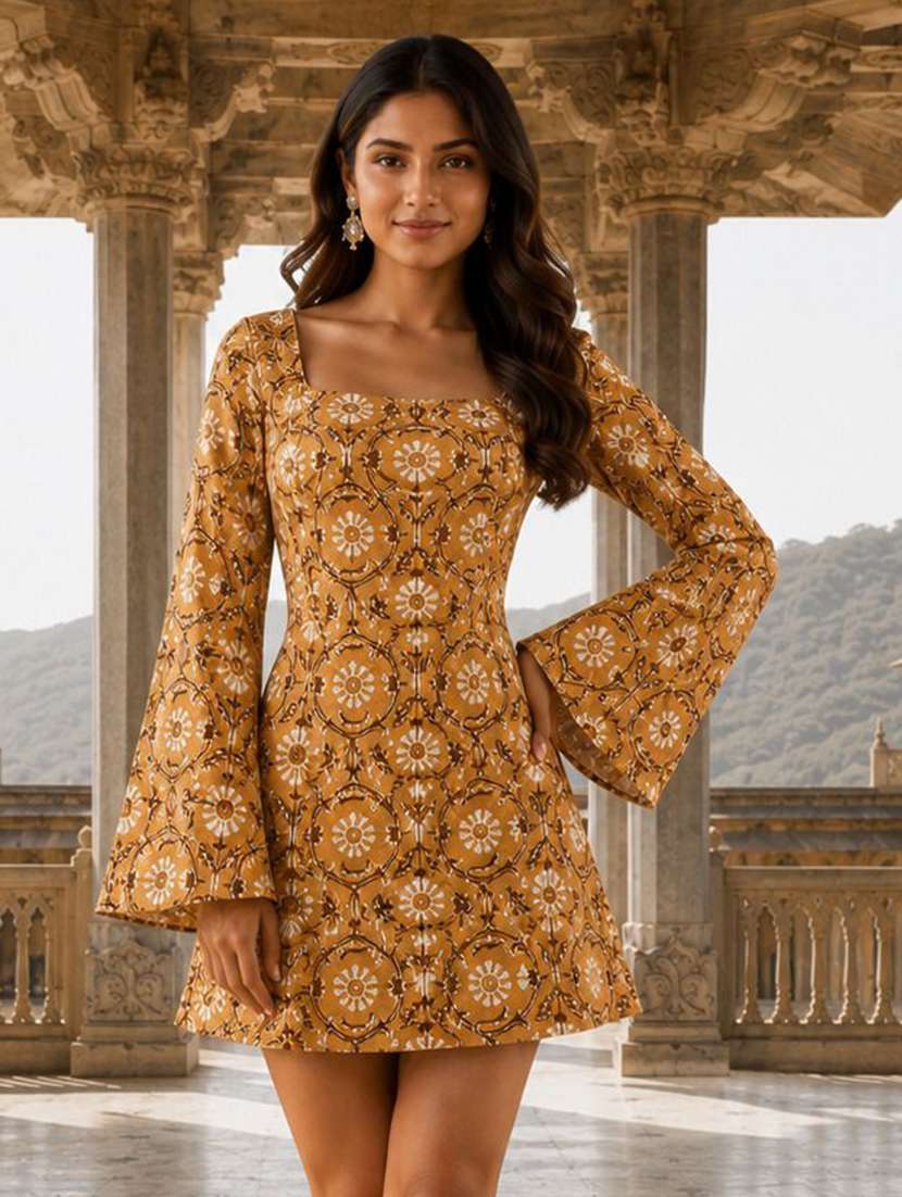 women printed bell sleeves a-line dress