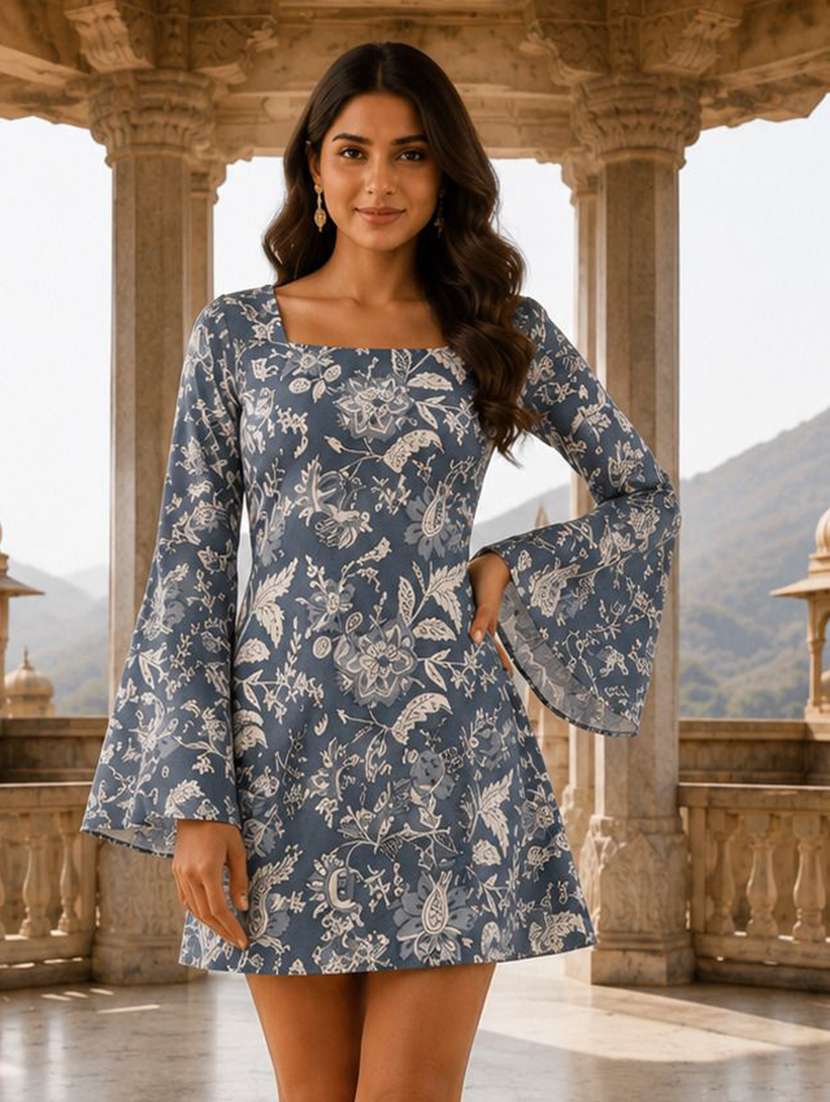 women printed bell sleeves a-line dress