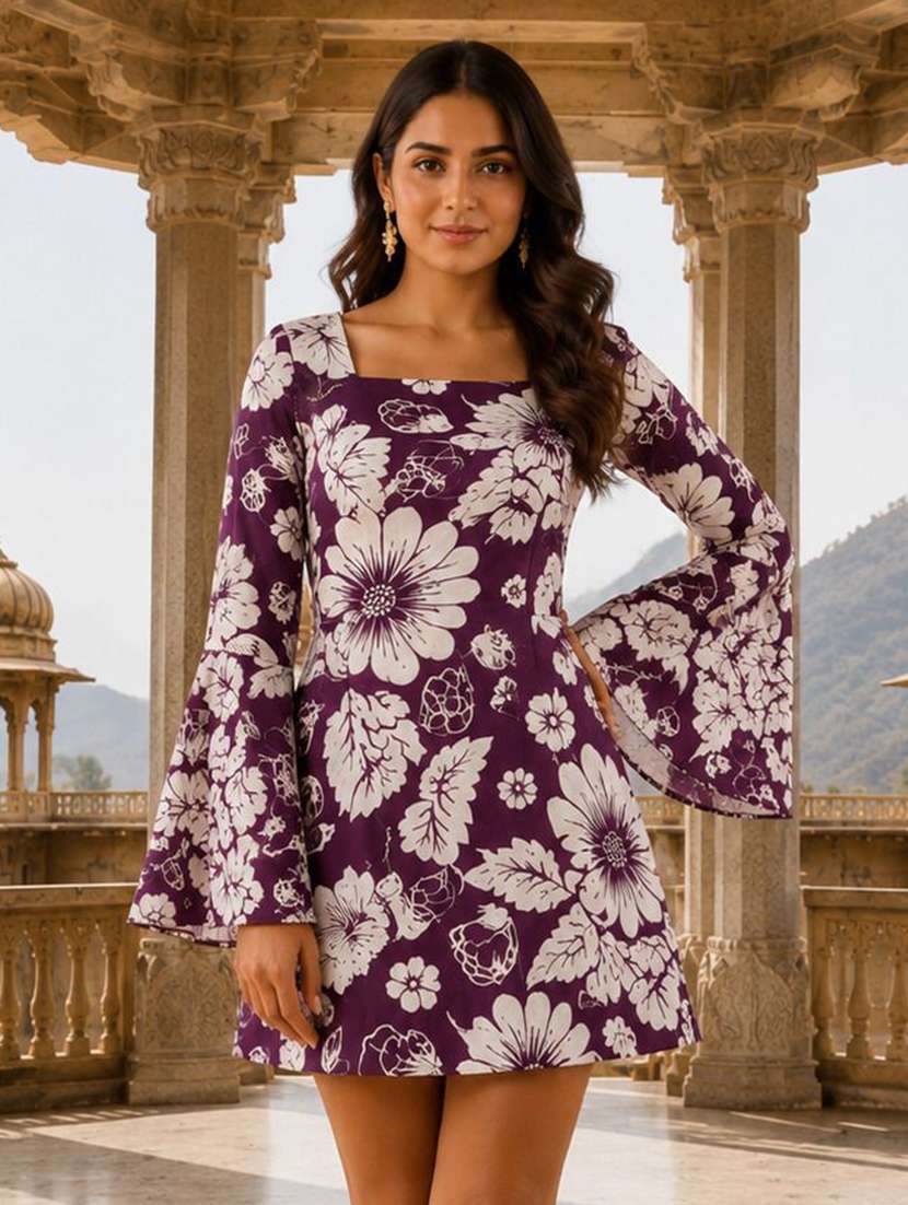 women printed bell sleeves a-line dress