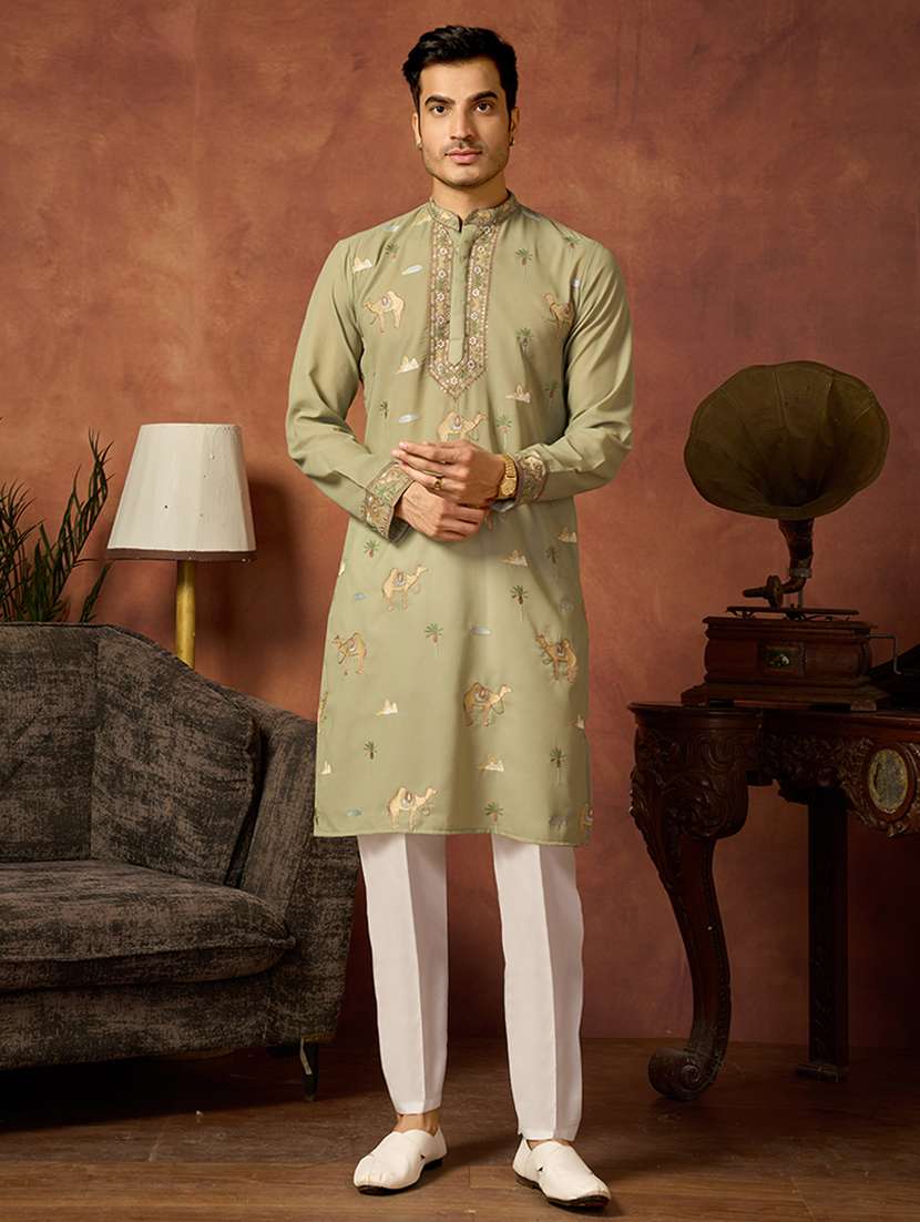men solid with work mandarin neck long kurta
