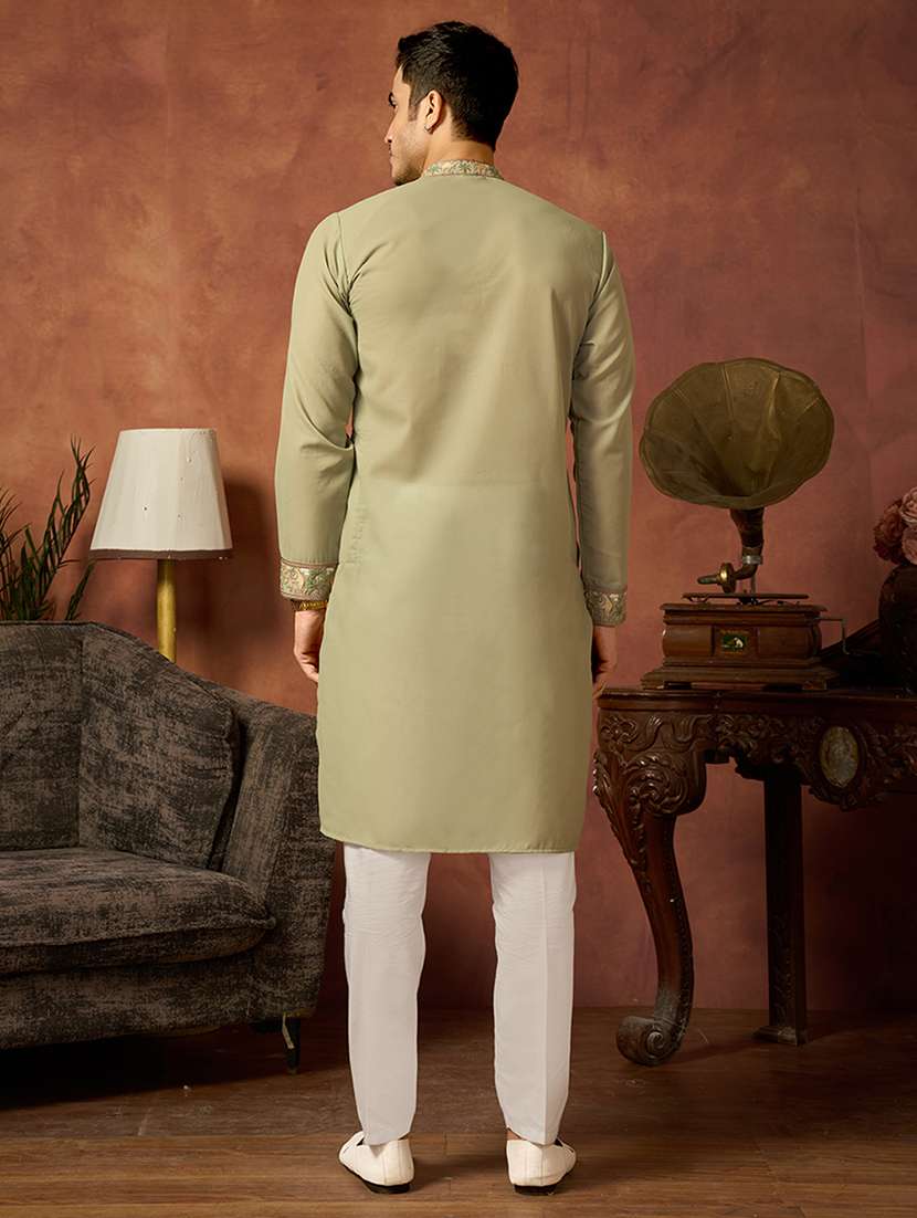 Men Solid With Work Mandarin Neck Long Kurta - 22598982 -  Standard Image - 3