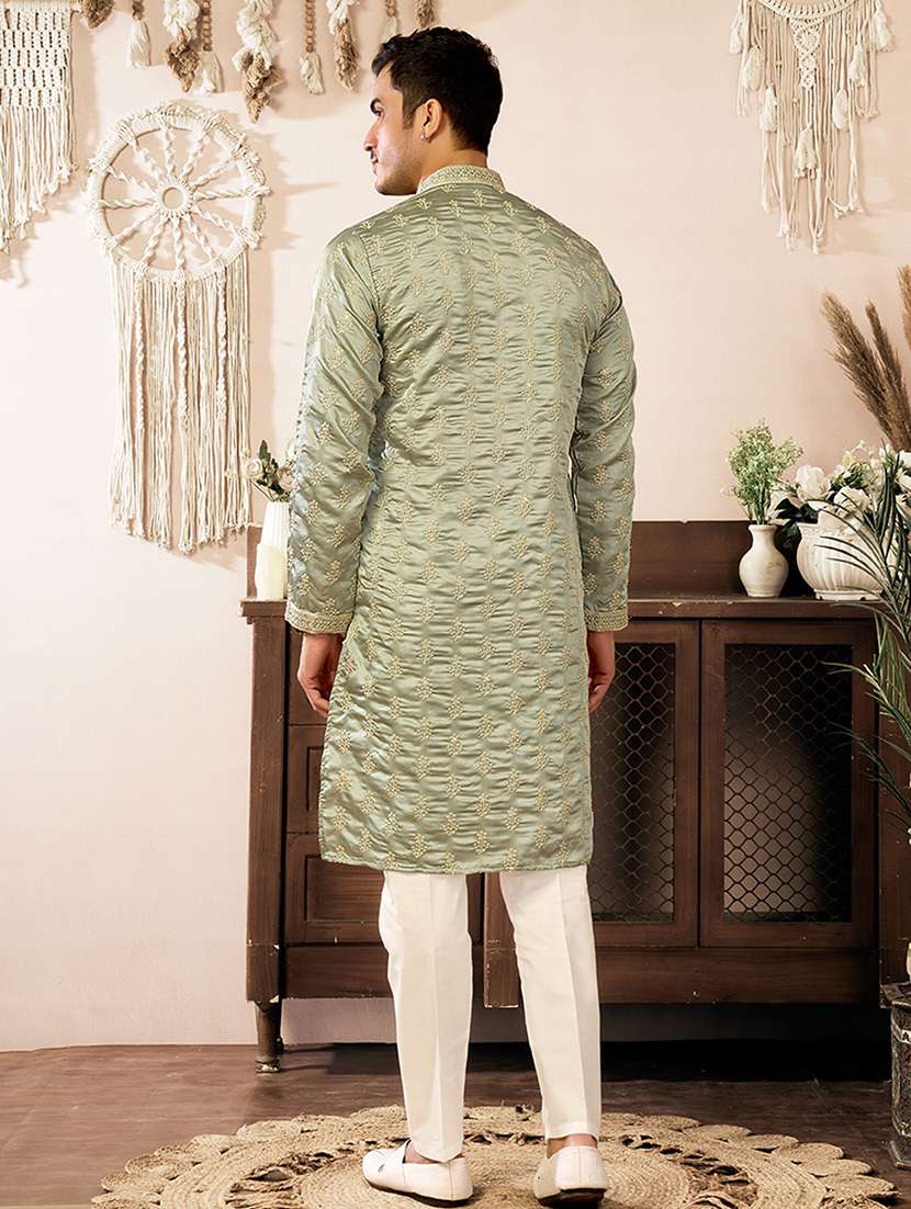 men solid with work mandarin neck long kurta - 22598986 -  Standard Image - 3